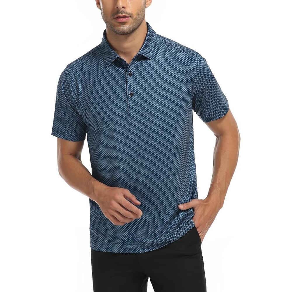 DEOLAX Mens Blue/Black Geometric Quick Dry Golf Polo Size XL 🖤⛳️💙